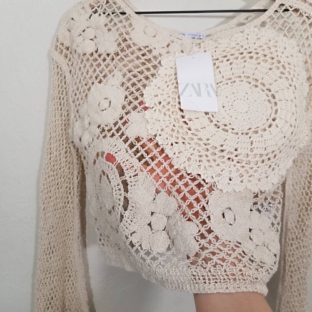 Zara Crochet Long Sleeve Cropped Top Cream Size S - Picture 2 of 6
